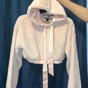 Forever 21 Pink Teddy Jacket with Hood and Cropped Fit